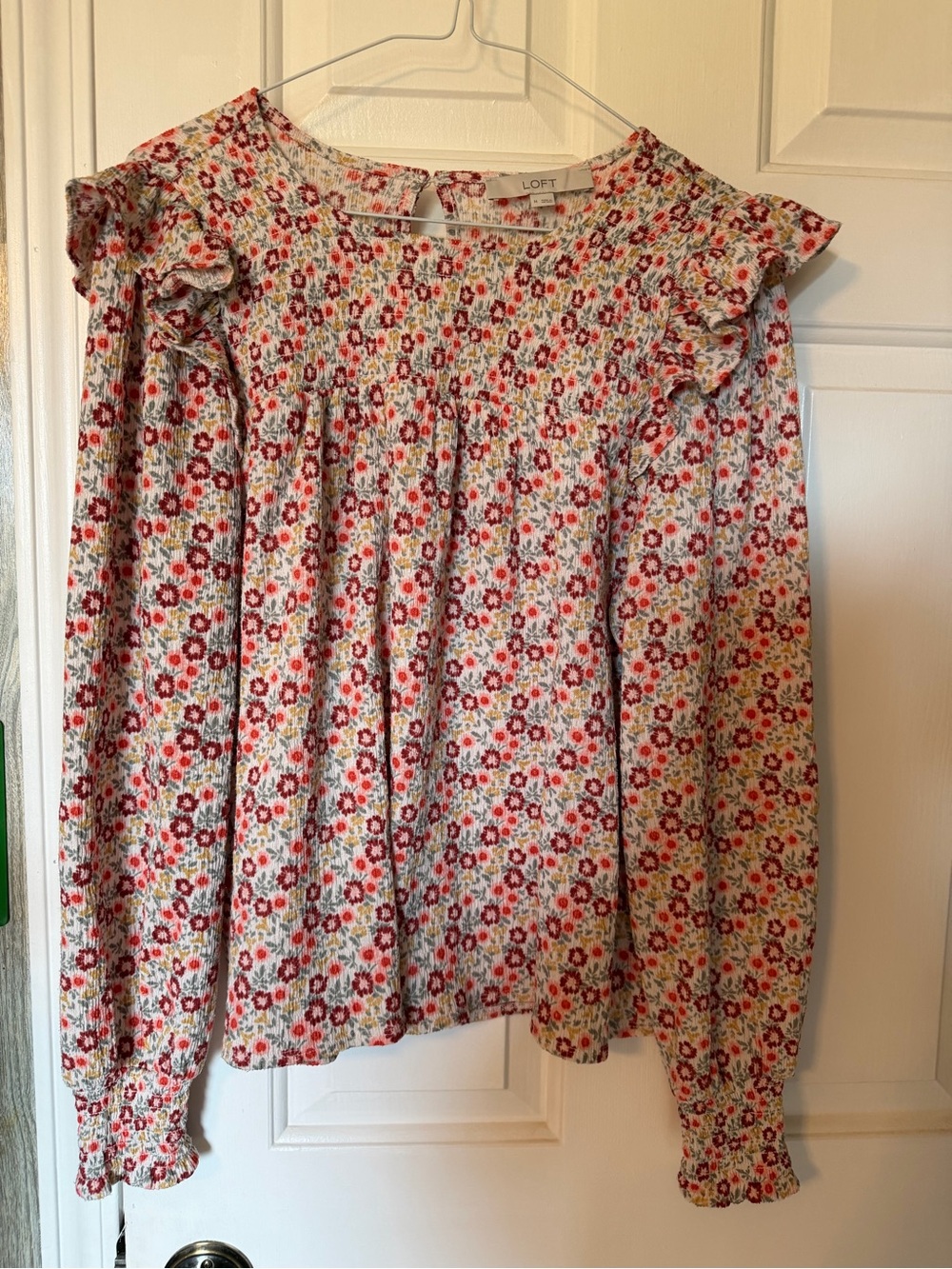 LOFT White Pink Floral Ruffle-Yoke Long Sleeve Blouse